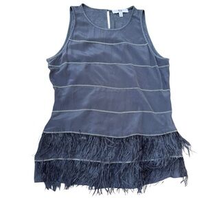 Etcetera Silk feather trim top dark‎ gray Sleeveless blouse 4 avant-garde whimsy